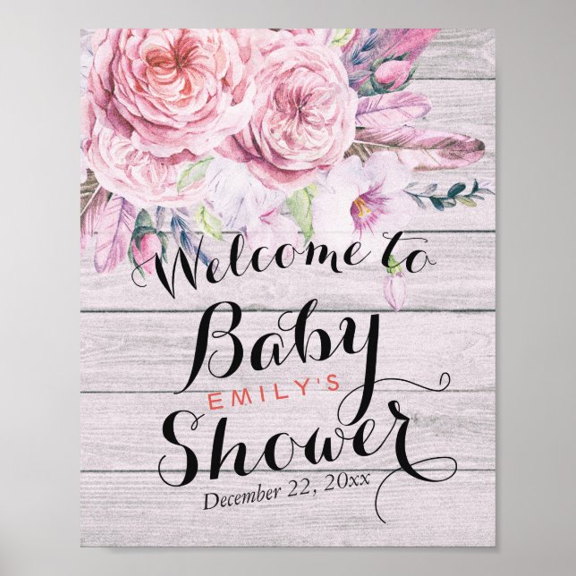 Babydusche Begrüßung Aquarell Flor Rustikales Holz Poster (Vorne)