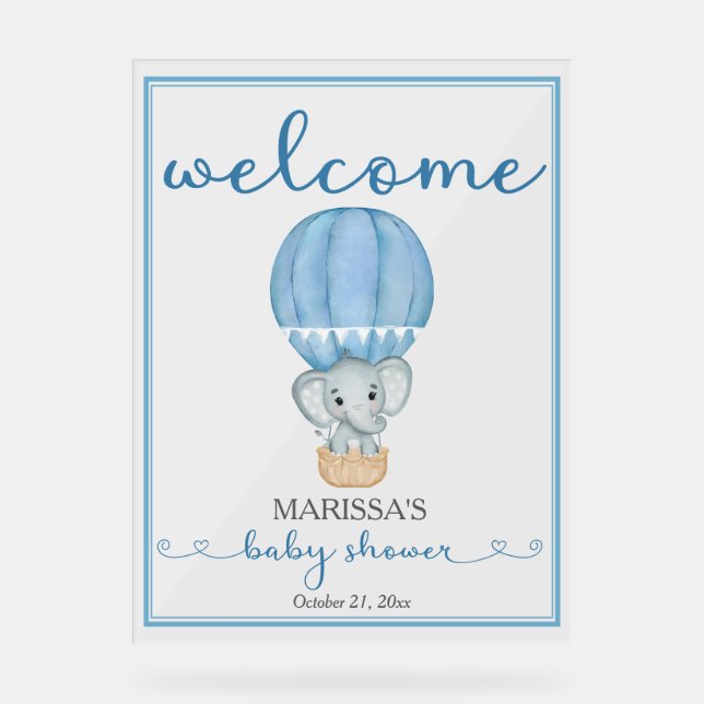 Babydusche Begrüßung Blauer Elephant Acrylschild (Vorderseite)