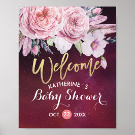 Babydusche Begrüßung Blumenfedern Burgundy Red Poster