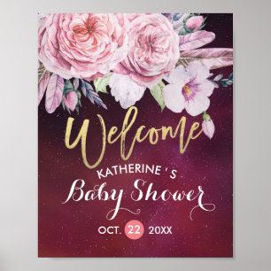 Babydusche Begrüßung Blumenfedern Burgundy Red Poster