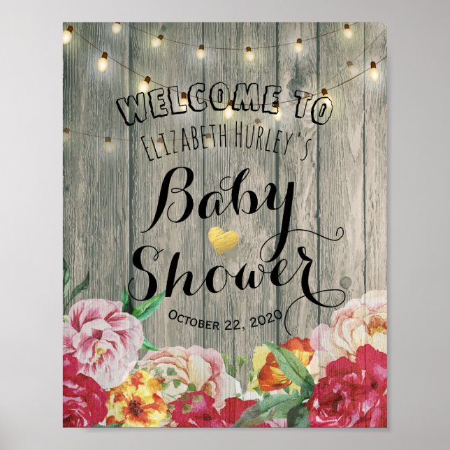 Babydusche Begrüßung Chic Blume String Light Wood Poster (Vorne)