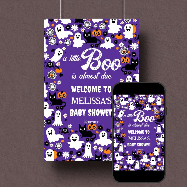 Babydusche-Begrüßungsschild "Little Boo Halloween" Poster (Little boo retro groovy Halloween baby shower welcome sign template poster instant download purple)