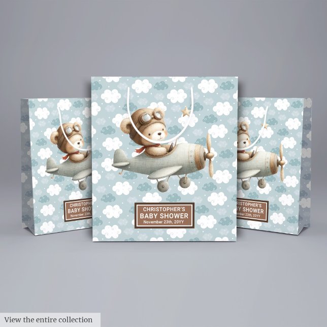 Babydusche bevorzugt Beutel mit Aquarelltasche Mittlere Geschenktüte (Baby Shower Favor Bag With Watercolor Pilot Bear)