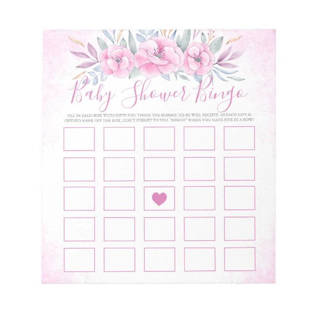 Babydusche Bingo Blush Pink Blume Wasserfarbe Notizblock (Vorderseite)