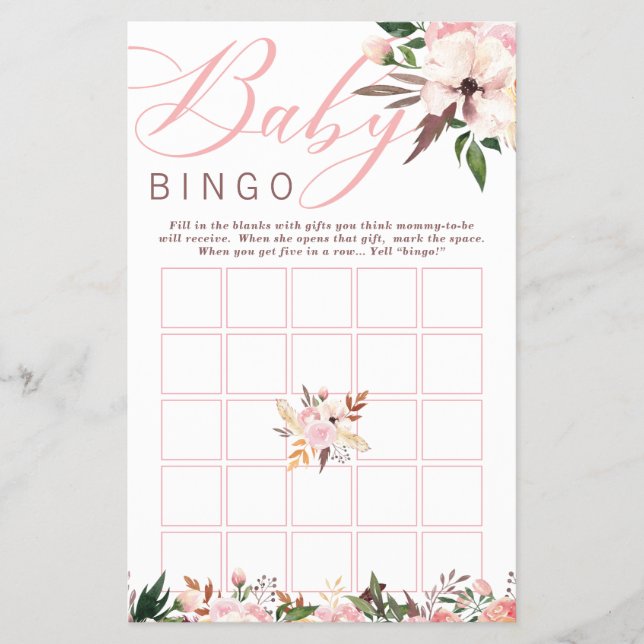 Babydusche Bingo, Boho mit Blume Flyer (Vorne)