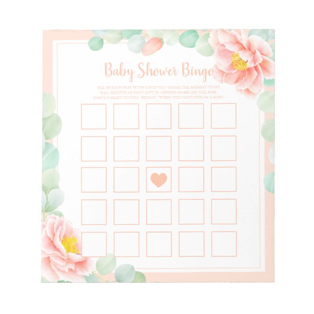 Babydusche Bingo Eucalyptus Foliage Peony Peach Notizblock (Vorderseite)