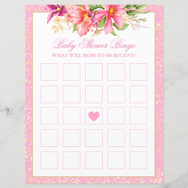Babydusche Bingo Game Blume Bouquet Pink Sheet (Vorderseite)