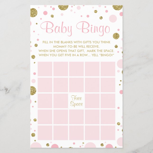 Babydusche Bingo, Imitate Confetti, Rosa, Gold Flyer (Vorne)