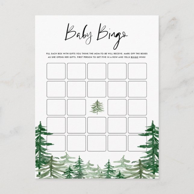Babydusche Bingo-Karte für Watercolor Woodland For Einladungspostkarte (Vorderseite)