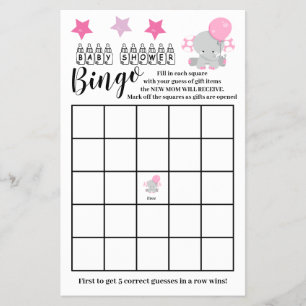 Babydusche Bingo Pink Elephant Girl Game Card Flyer