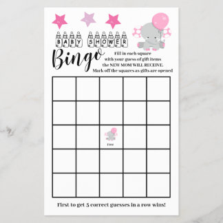 Babydusche Bingo Pink Elephant Girl Game Card Flyer