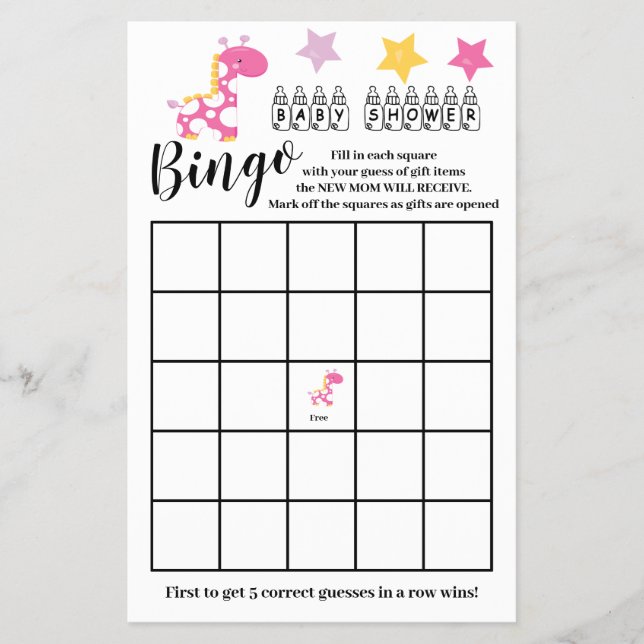 Babydusche Bingo Pink Giraffe Girl Game Card Flyer (Vorne)