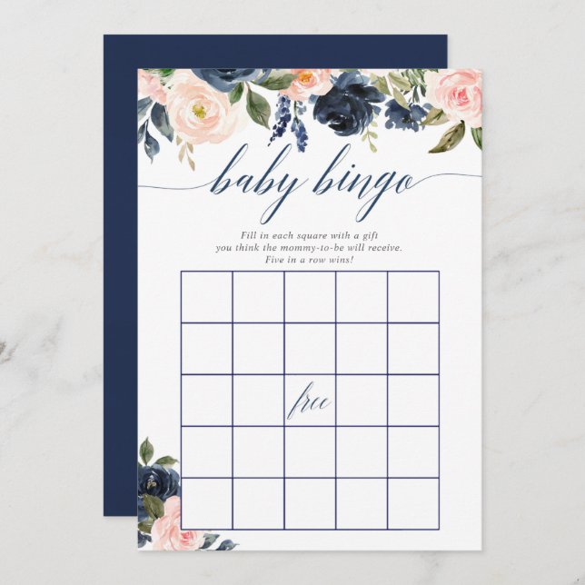 Babydusche Bingo Spiel Blush Pink blauen Blüte Einladung (Vorne/Hinten)