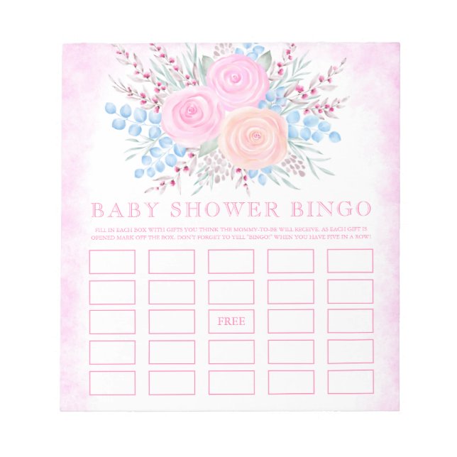 Babydusche Bingo Wasserfarbe Bouquet Pink Roses Notizblock (Vorderseite)