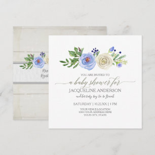 Babydusche blau n Weiße Rosen Rustikales Holz Einladung