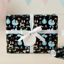 Babydusche Blau/Schwarz Umhüllungspapier Geschenkpapier Set