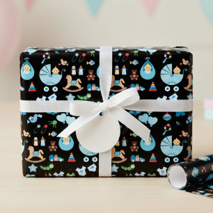 Babydusche Blau/Schwarz Umhüllungspapier Geschenkpapier Set