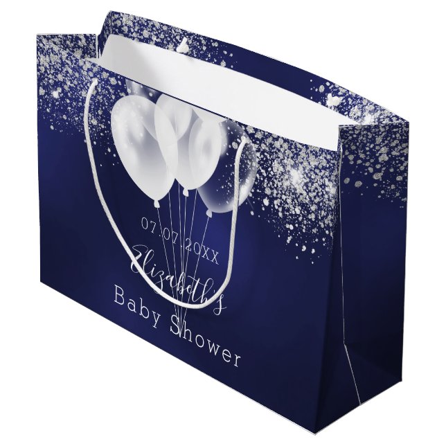 Babydusche blauer Glitzer Große Geschenktüte (Rückseite Schrägansicht)