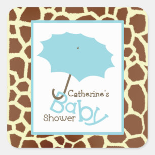 Babydusche Blauer Regenschirm & Giraffe Print Quadratischer Aufkleber