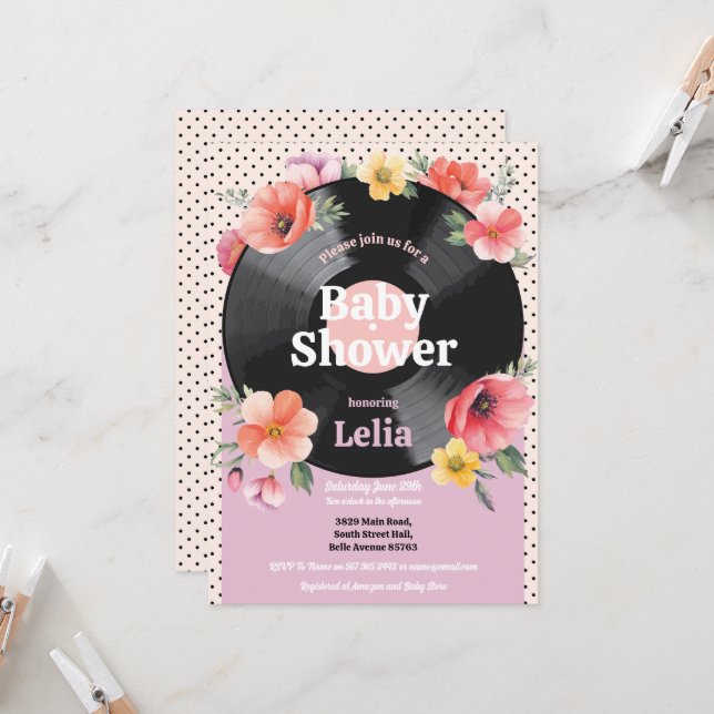 Babydusche Bloral Summer Record Music Party Einladung (Vorderseite/Rückseite Beispiel)