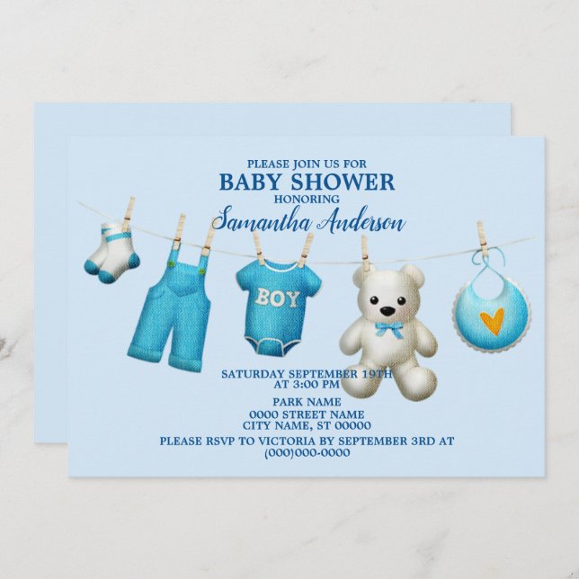 Babydusche Blue Boys Schöne Elegant Einladung (Vorne/Hinten)