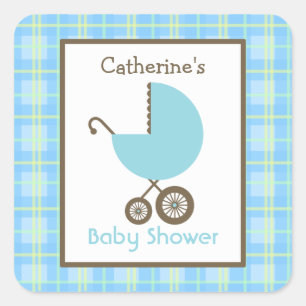 Babydusche Blue Carriage & Kariert Quadratischer Aufkleber
