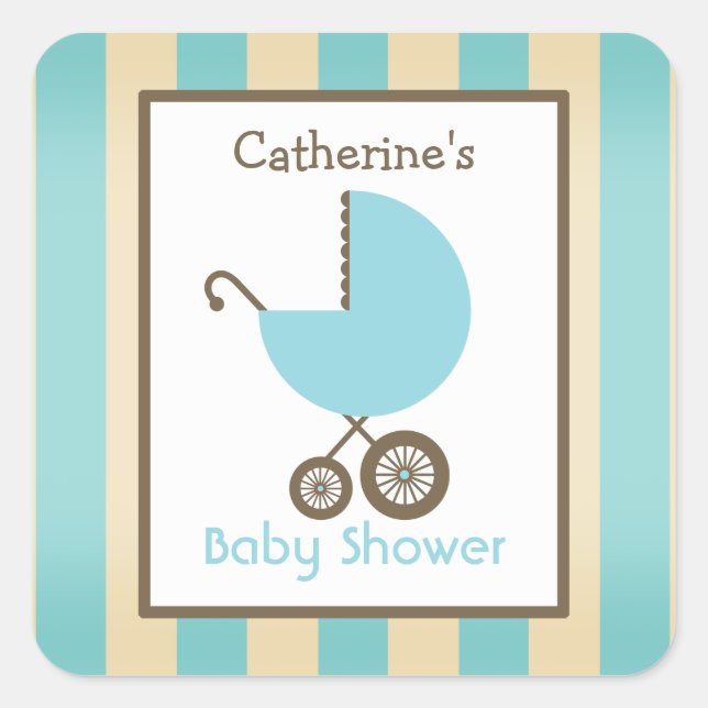 Babydusche Blue Carriage & Stripes Quadratischer Aufkleber (Vorderseite)