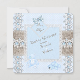 Babydusche Blue Pearl Lace Vintag Bears Spot Einladung