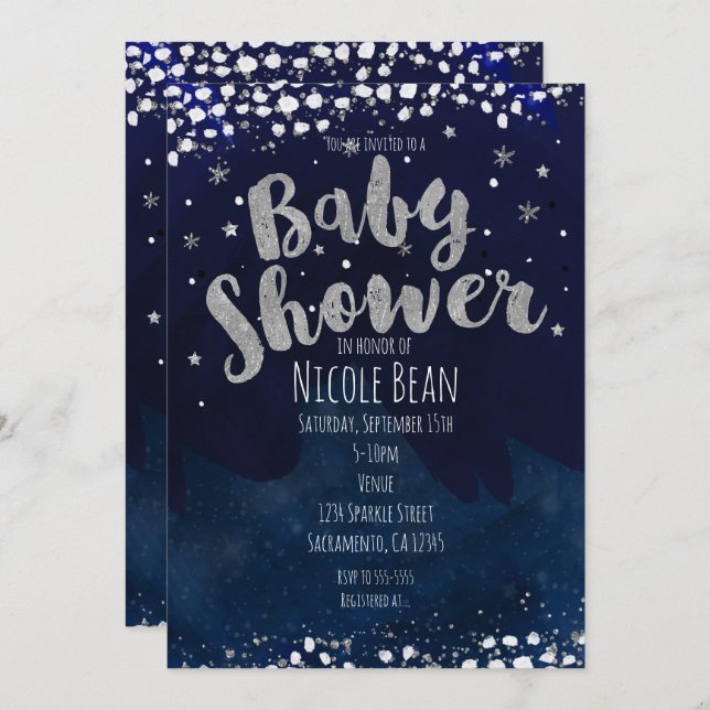 Babydusche Blue & Silver Starry Night Einladungen (Vorne/Hinten)