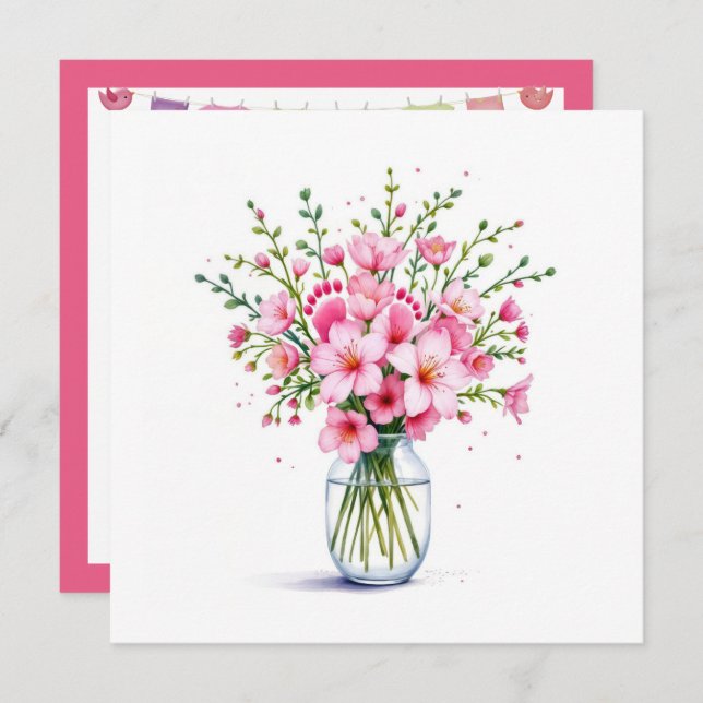 Babydusche Blume Bouquet mit Babybett Einladung (Vorne/Hinten)