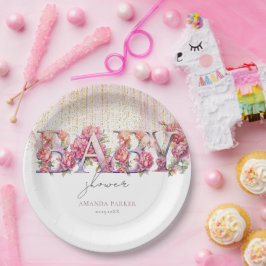 Babydusche Blumenbriefe Pink Gold Personalisiert Pappteller