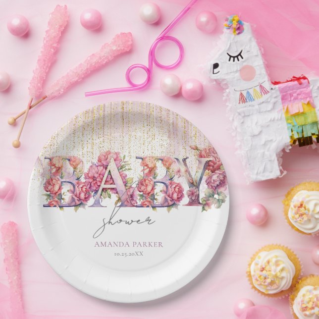 Babydusche Blumenbriefe Pink Gold Personalisiert Pappteller (Party)