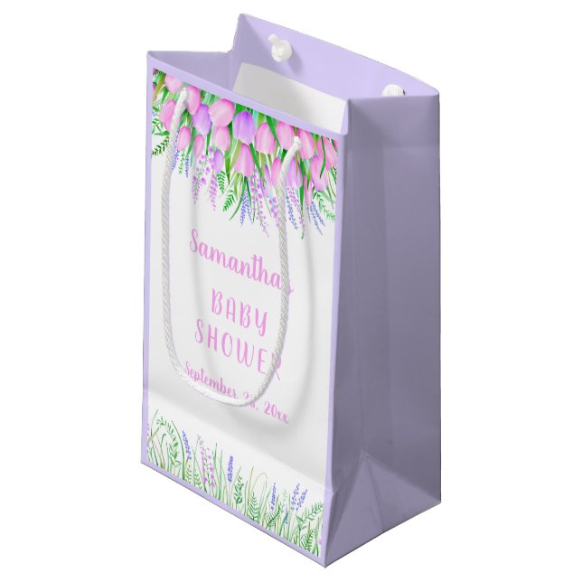 Babydusche Blumenlavender Pink Tulips Kleine Geschenktüte (Vorderseite Schrägansicht)