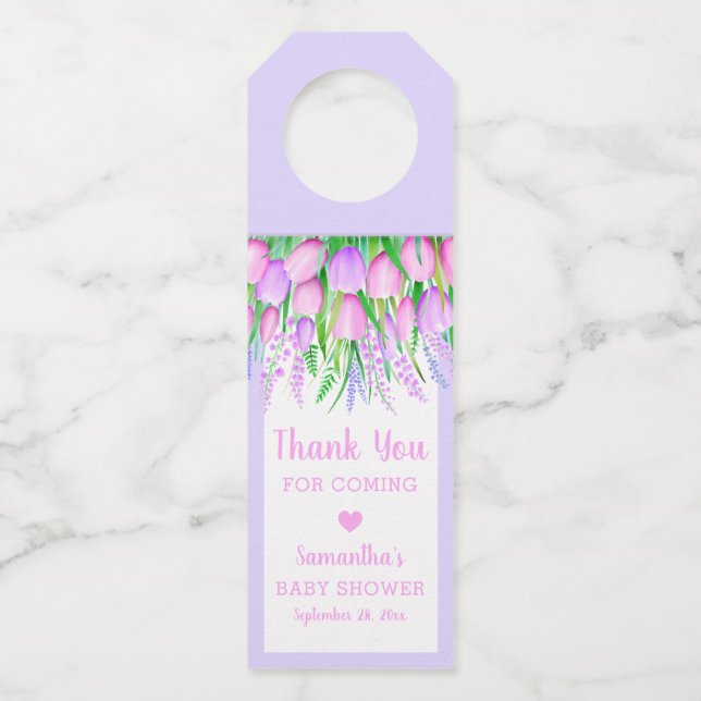 Babydusche Blütenfrühlingspuppe Lavendel Tulips Gr Flaschenanhänger (Vorderseite)