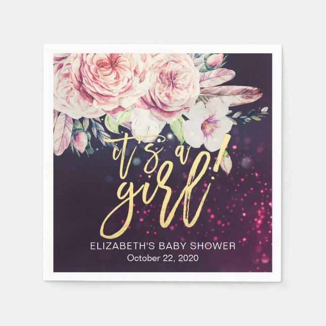 Babydusche Boho Blumenzather Lila Bokeh Light Serviette (Vorderseite)