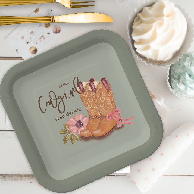 Babydusche Boots Western Cowgirl Boho Blume Pappteller (Von Creator hochgeladen)