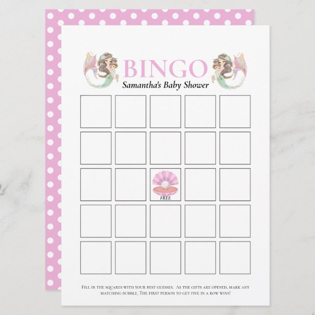 Babydusche Braun Meerjungfrau Bingo unter Meeresro Einladung (Vorne/Hinten)