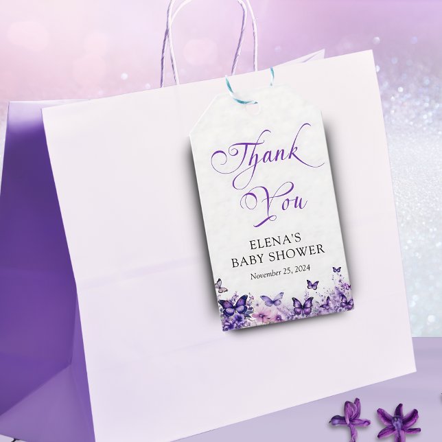 Babydusche Butterfly Elegantes Lila Blumenmuster Geschenkanhänger (Von Creator hochgeladen)