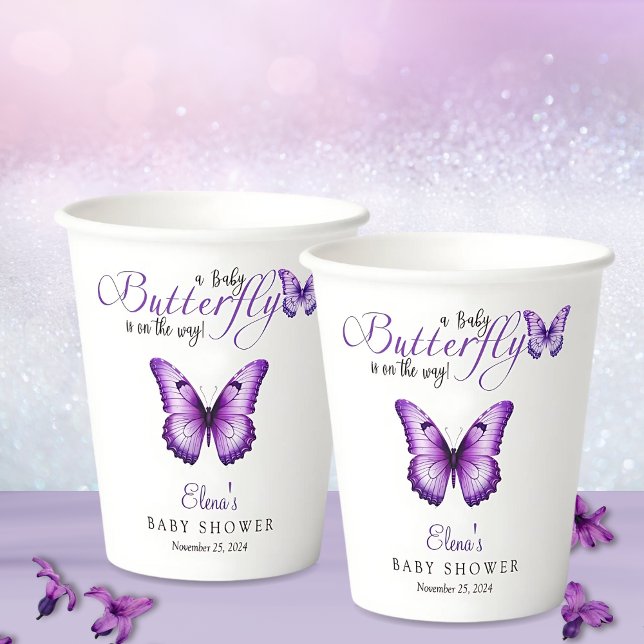 Babydusche Butterfly Elegantes Lila Blumenmuster Pappbecher (Von Creator hochgeladen)