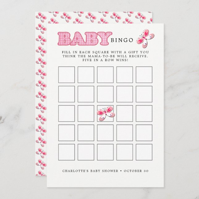 Babydusche Butterfly Pink Baby Girl Bingo Card Einladung (Vorne/Hinten)