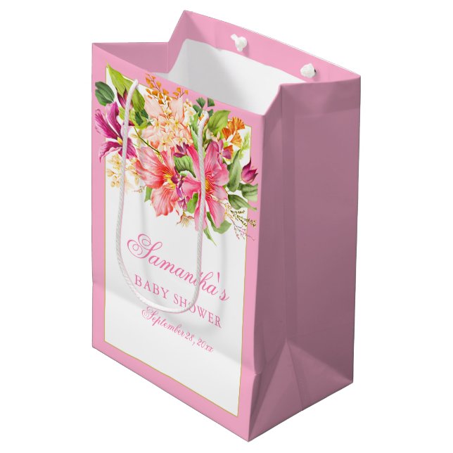 Babydusche Chic Blume Bouquet Pink Mittlere Geschenktüte (Vorderseite Schrägansicht)