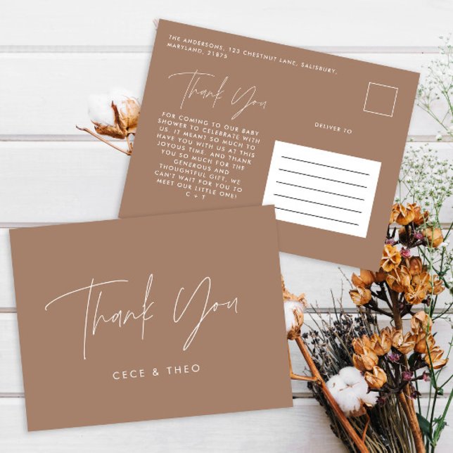 Babydusche Dank natürlich braun und modern Postkarte (Von Creator hochgeladen)