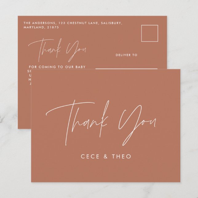 Babydusche Dank terracotta elegant modern Postkarte (Vorne/Hinten)