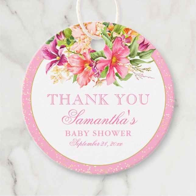 Babydusche Danke Chic Blume Bouquet Pink Geschenkanhänger (Vorderseite)