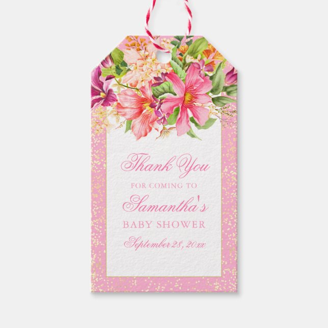 Babydusche Danke Chic Blume Bouquet Pink Geschenkanhänger (Vorderseite)