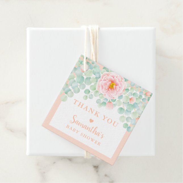 Babydusche Danke Eucalyptus Floral Peach Sage Geschenkanhänger (Beispiel)