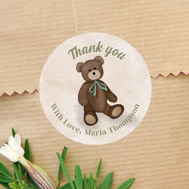 Babydusche Danke Green Teddy Bear Runder Aufkleber (Cute Vintage Style Baby Shower Stickers. )