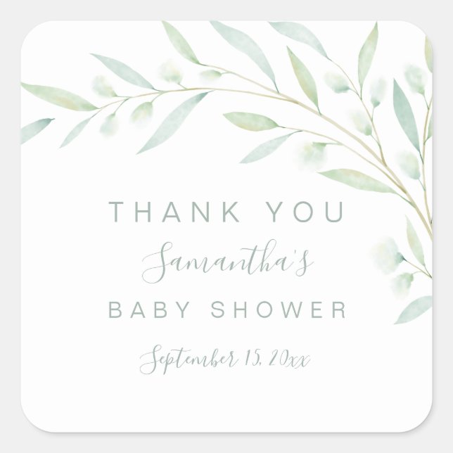 Babydusche Danke Grüne Aquarellfolie Quadratischer Aufkleber (Vorderseite)