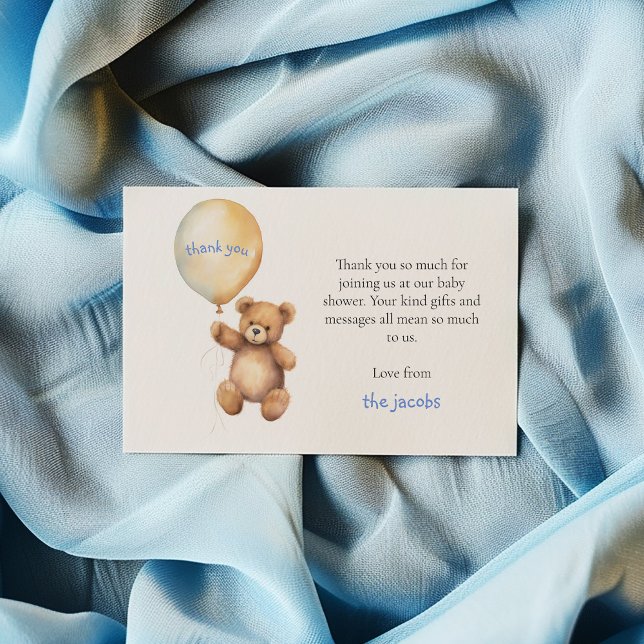 Babydusche danke Karte. Niedlicher Teddybär (Teddy bear baby shower thank you card with gold balloon and blue script.)