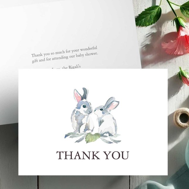Babydusche Danke Karte Woodland Bunnies (Bunny rabbit thank you card watercolor art by Victoria Grigaliunas of Do Tell A Belle)
